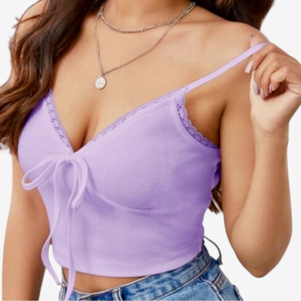 NWOT Small Lilac Purple Lace Trim Tie Front Cropped Cami Top